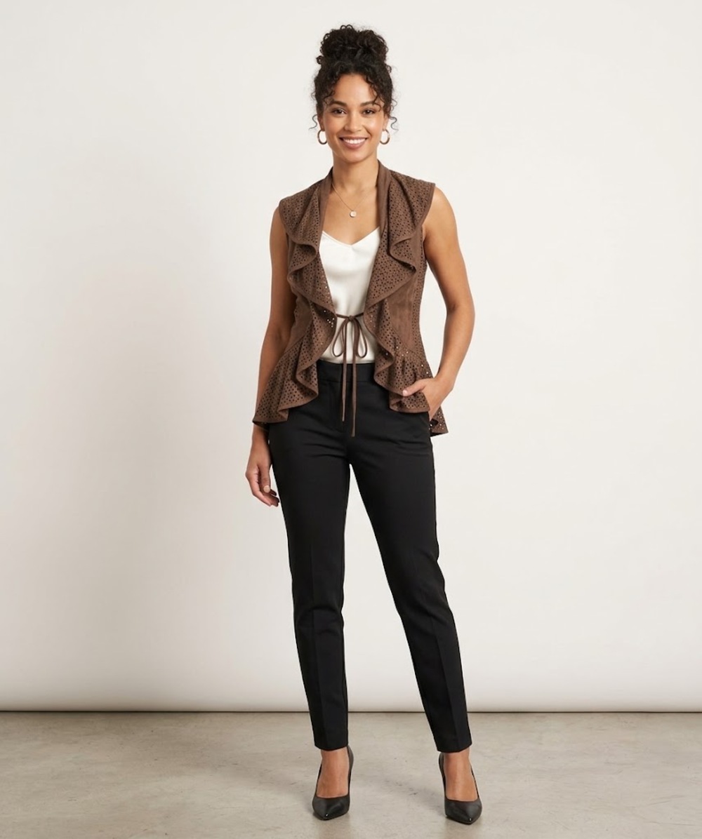 Alberto Makali Women’s Faux Suede Perforated Cutout Ruffle Vest Size S Brown